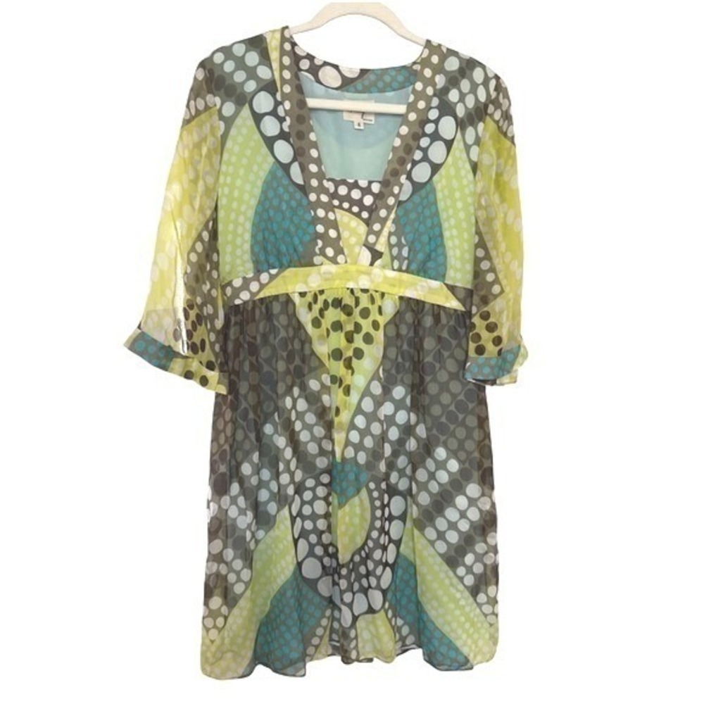 Milly of New York Silk Dress Sz 8 Y2K Geometric Polka Dot Mod Abstract Mod Midi